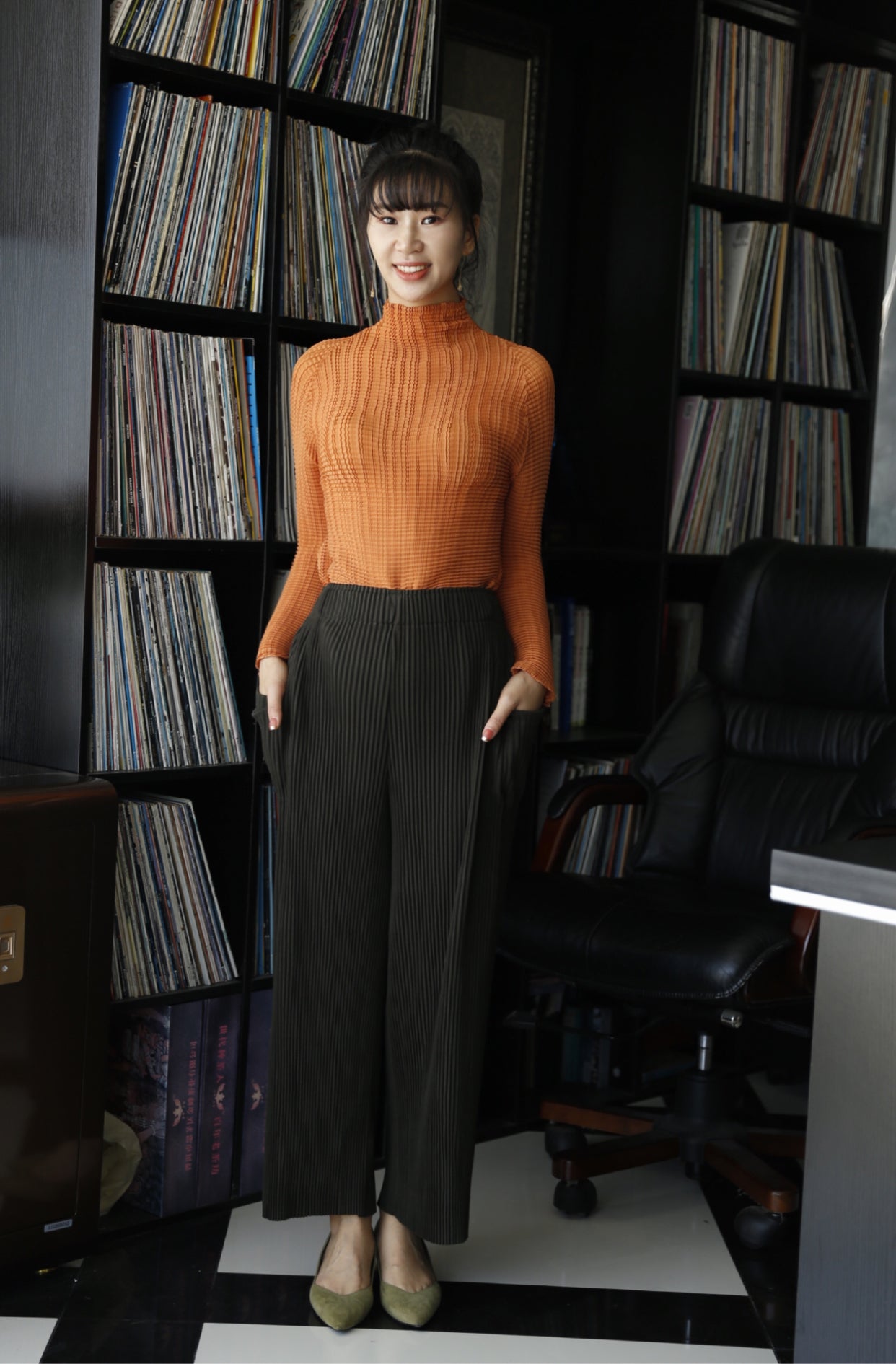 Pleated long sleeve high-neck top