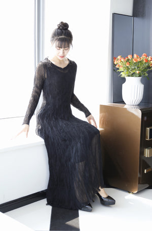 Pleated long sleeve crown neck dress