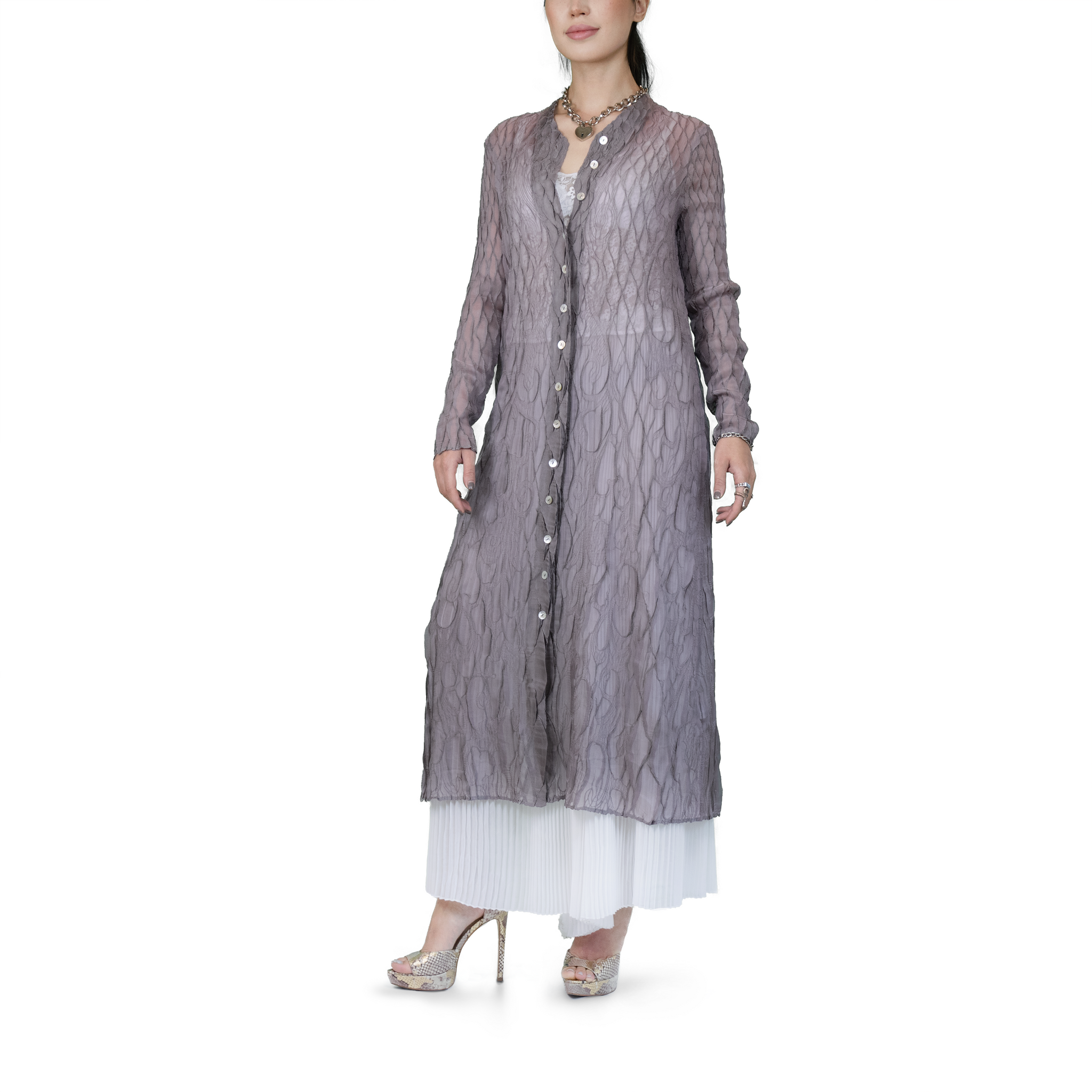 Diamond grid textured button-up ethereal coat
