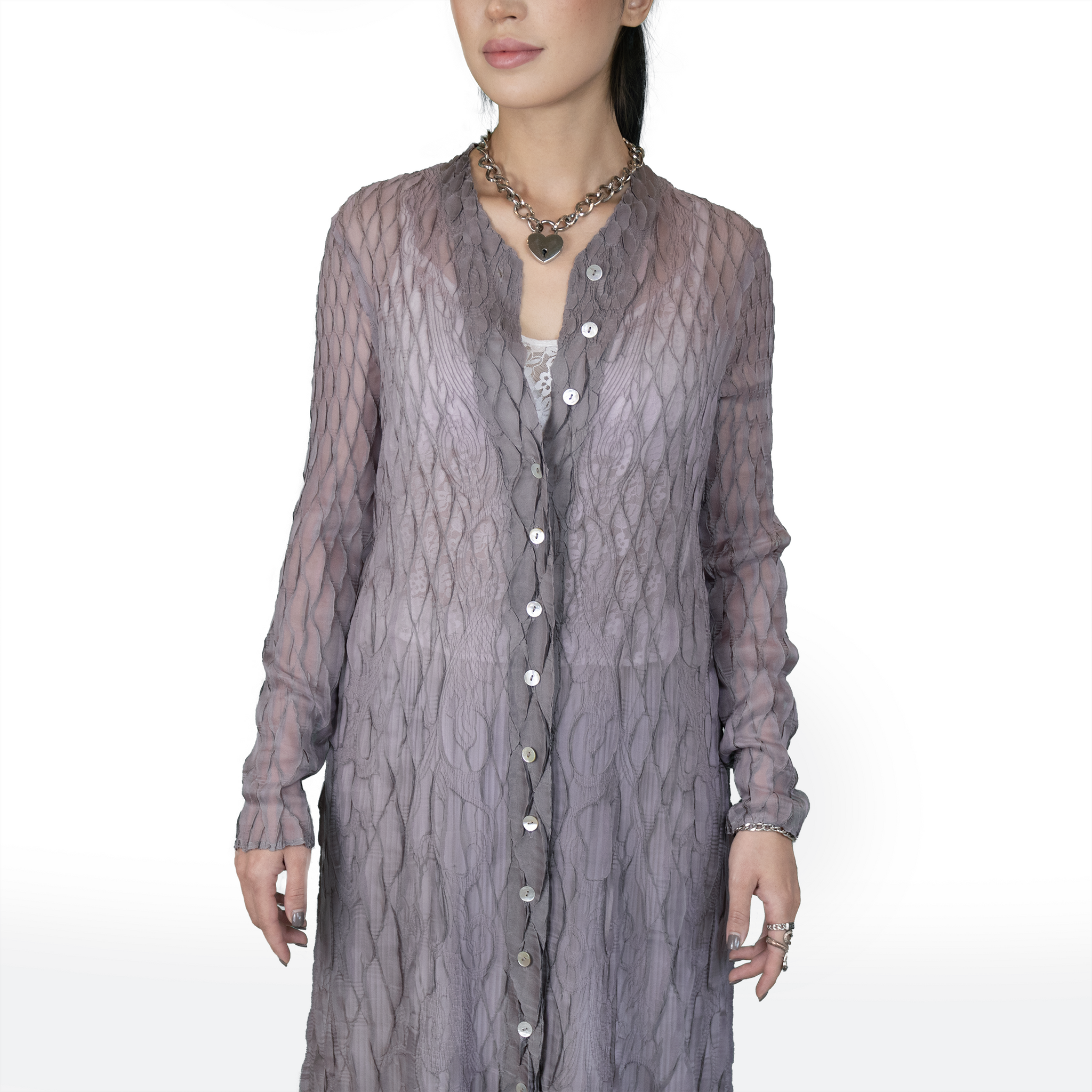 Diamond grid textured button-up ethereal coat