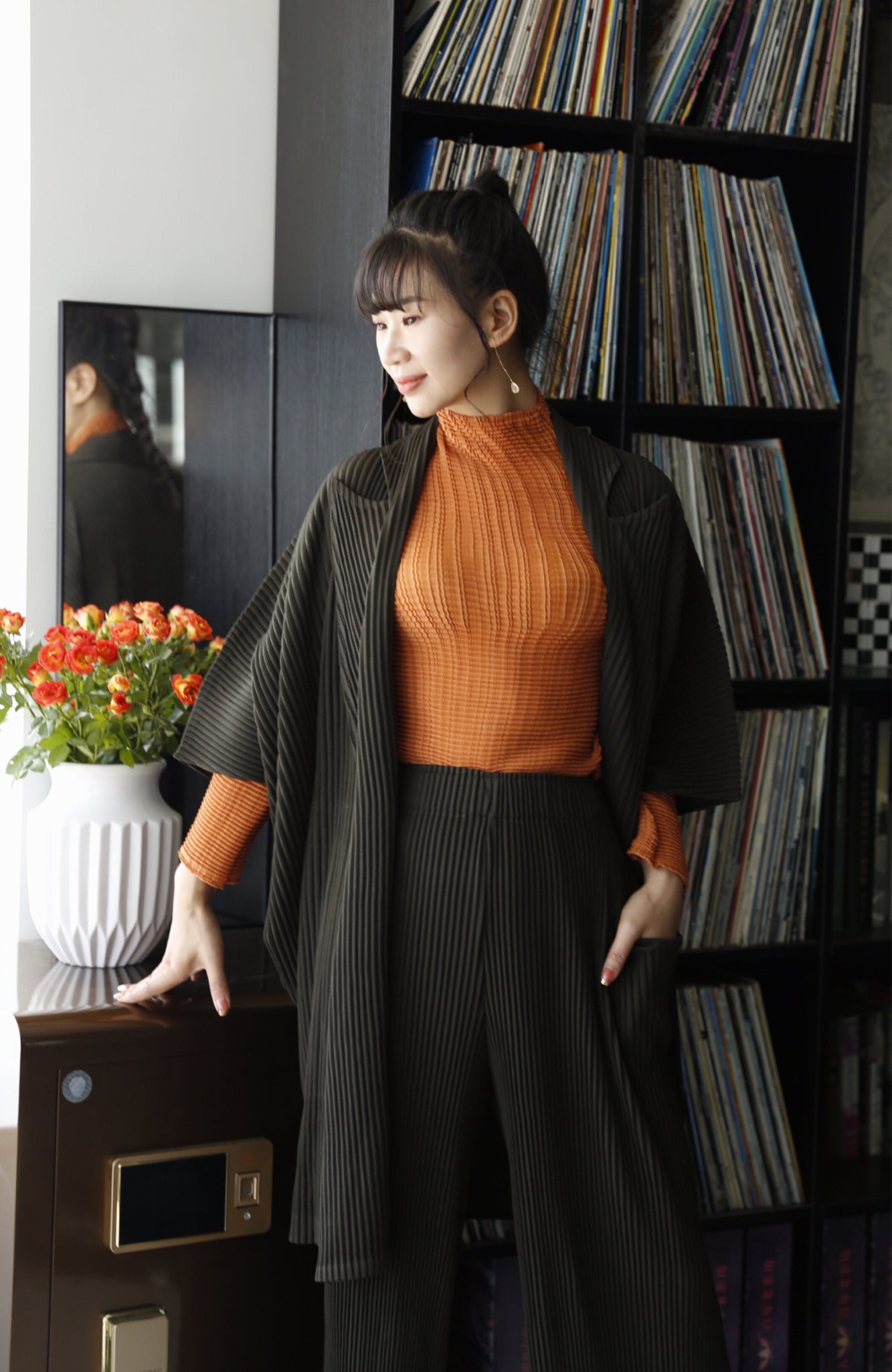 Pleated long sleeve high-neck top
