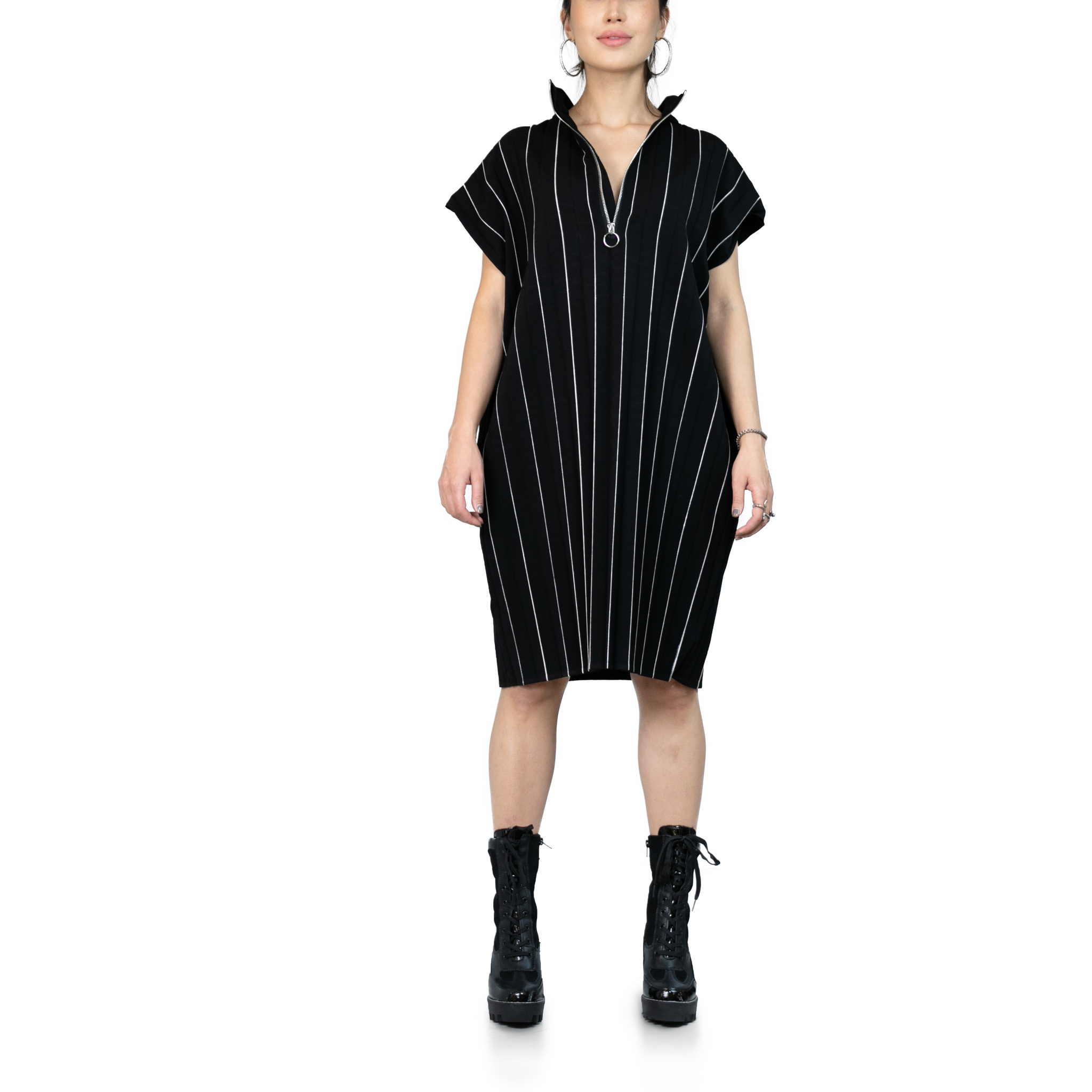 Stripes zipper sleeveless minimalist summer midi dress