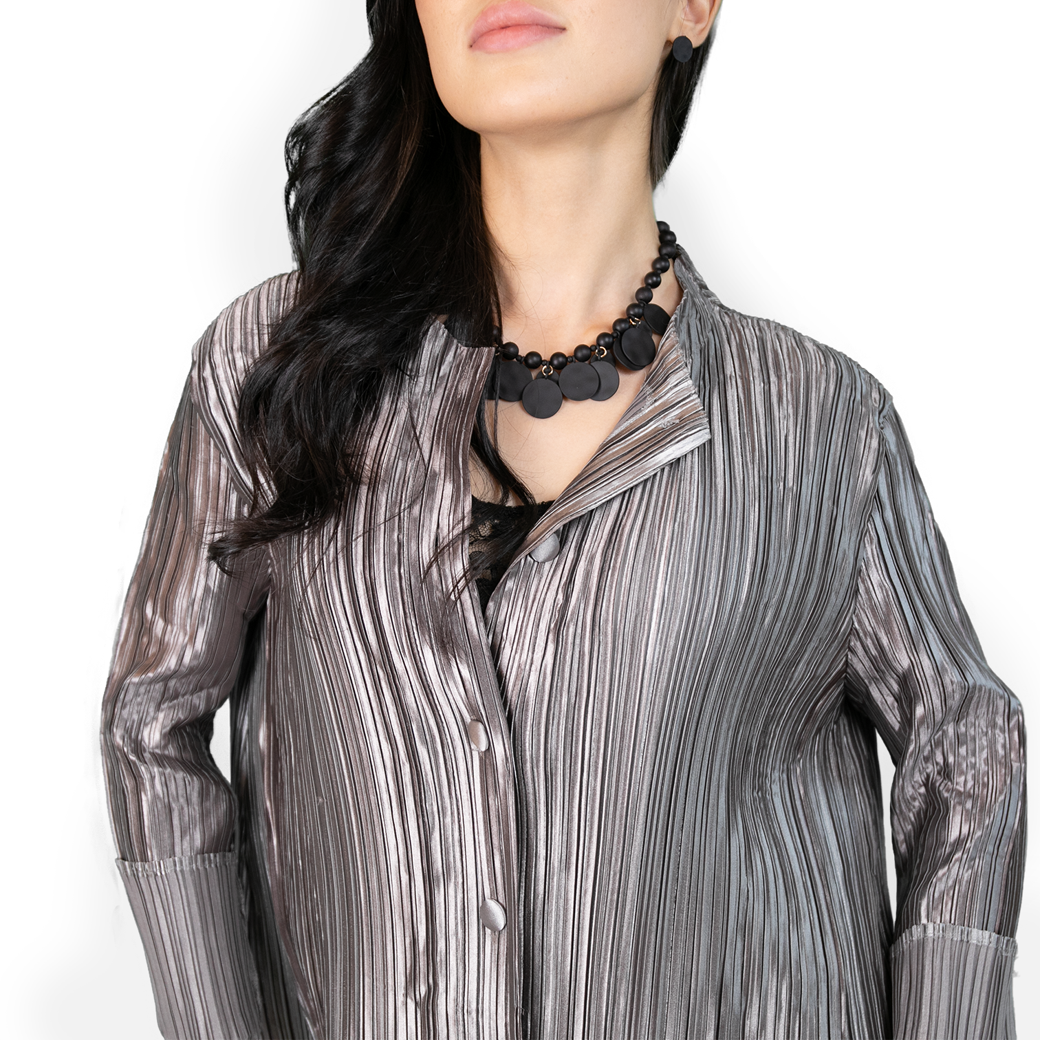button-up plated metallic coat