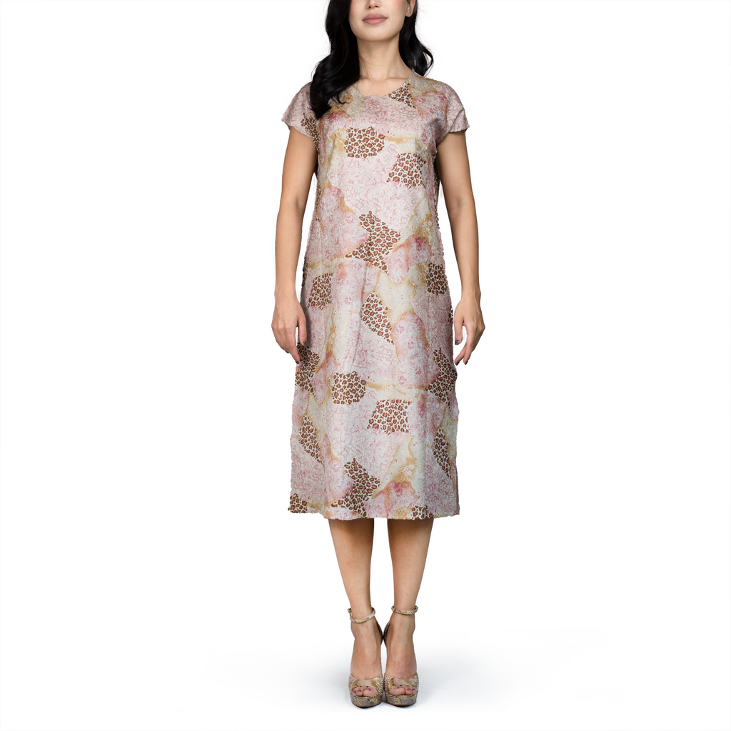 Textured floral print short-sleeve midi dress