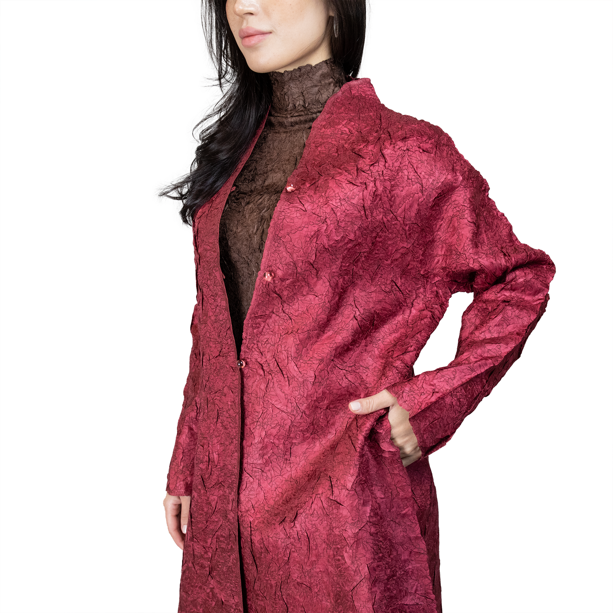 Crinkle pleated crystal ball button coat