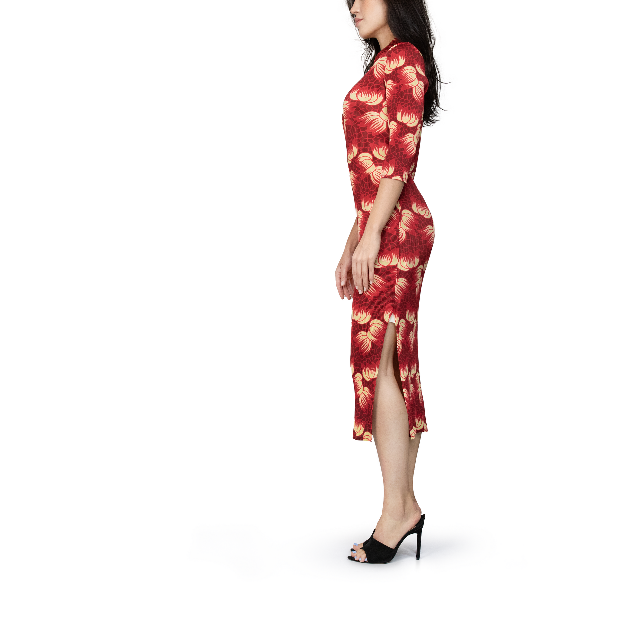 Floral printed frog-button midi dress
