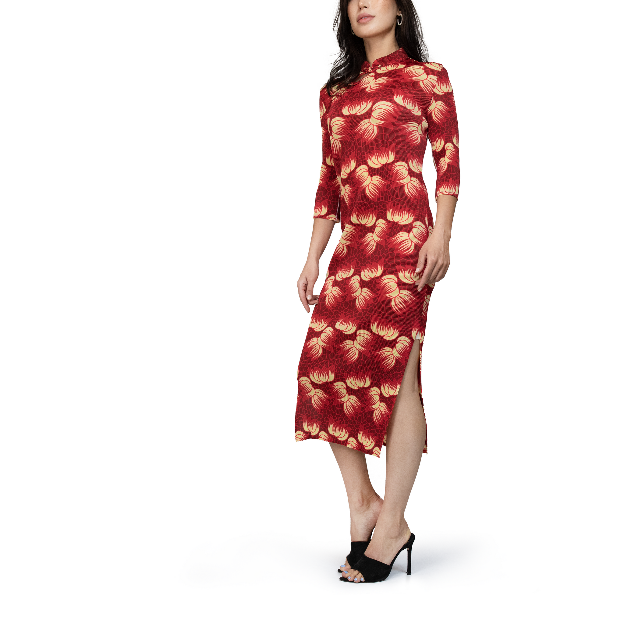 Floral printed frog-button midi dress