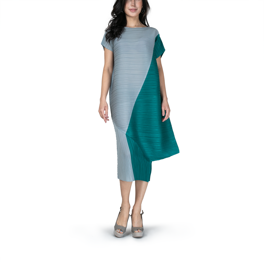 Pleated asymmetric diagonal cut dress