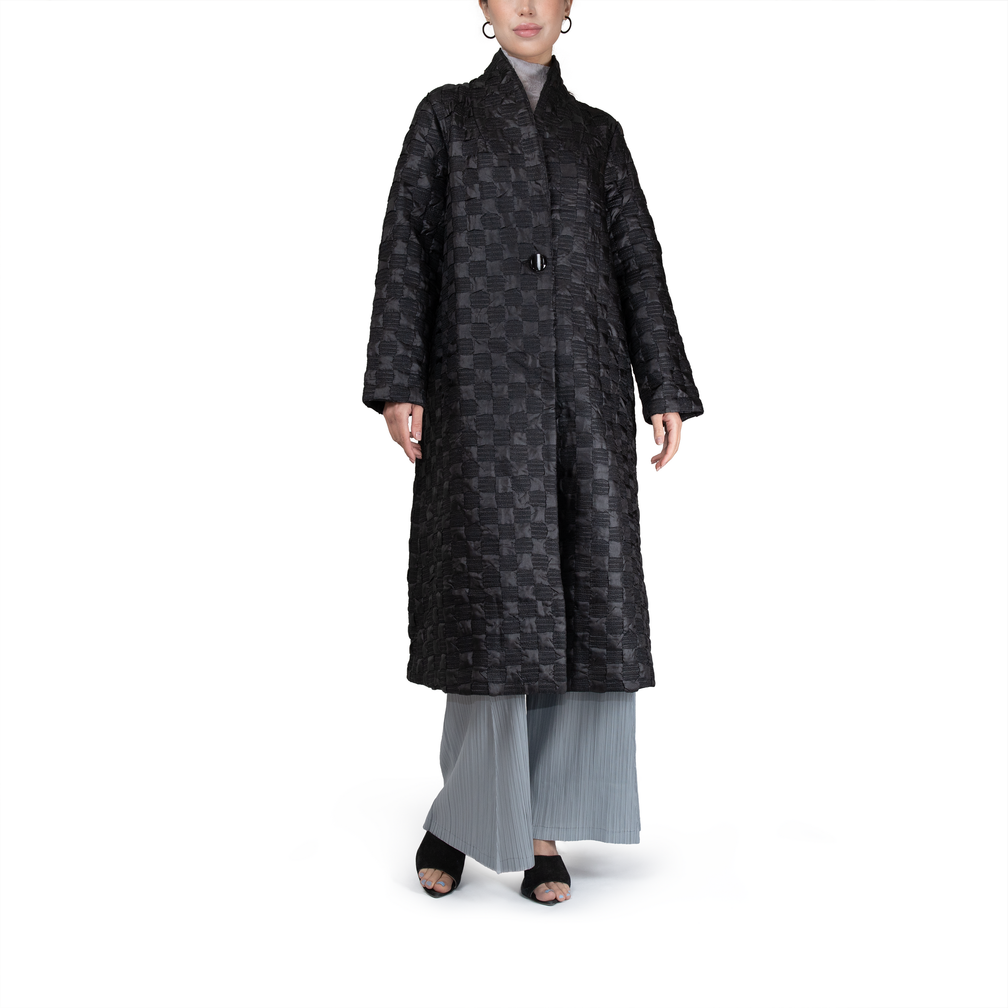 Textured checkerboard pattern over-size midi coat