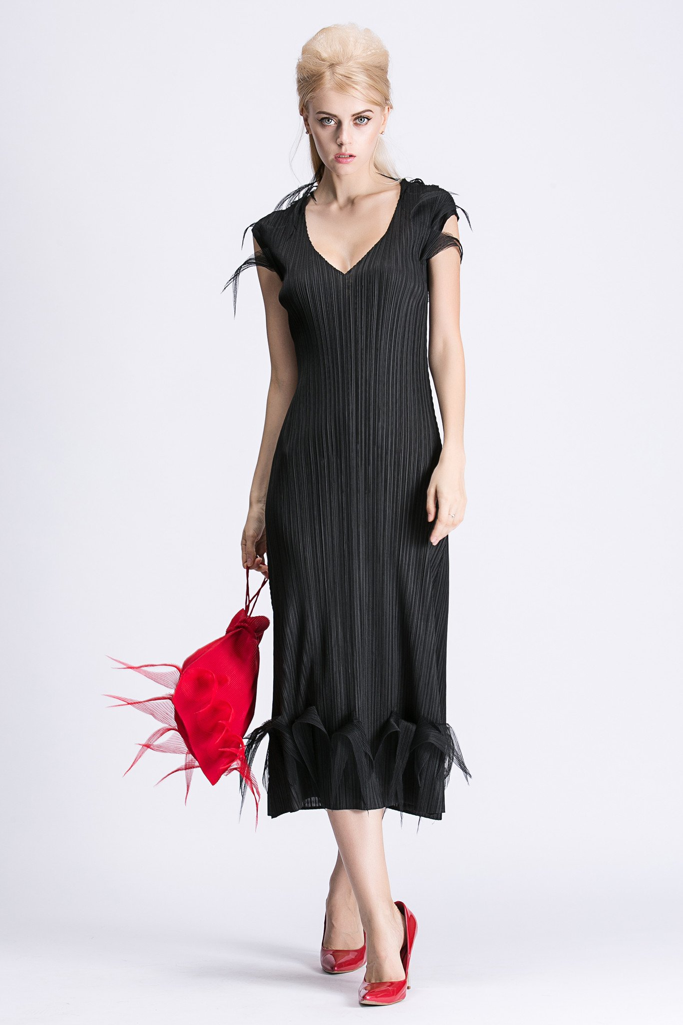 Long Feathered V Neck Detailed Evening Dress